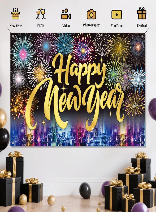 REDWORD Happy New Year 2026, Happy New Year Banner 71x44 Inch New Years Backdrop Reusable New Years Eve Party Supplies 2026 with Fireworks Pattern for New yea r Photo Booth Background Party Decorations - Image 2